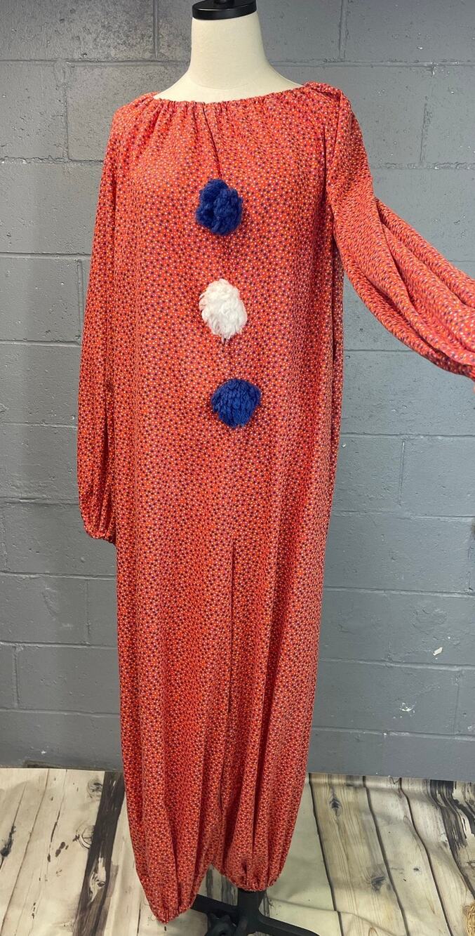Vintage 1970s Calico Stars Print Clown Costume Jumpsuit Pom Poms Free Size